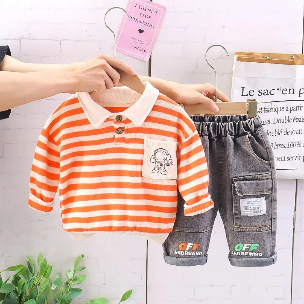 Fall Boys' Polo Collar Striped Casual Two Piece Set Wholesale Kids Clothes