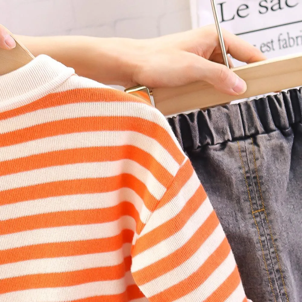Fall Boys' Polo Collar Striped Casual Two Piece Set Wholesale Kids Clothes