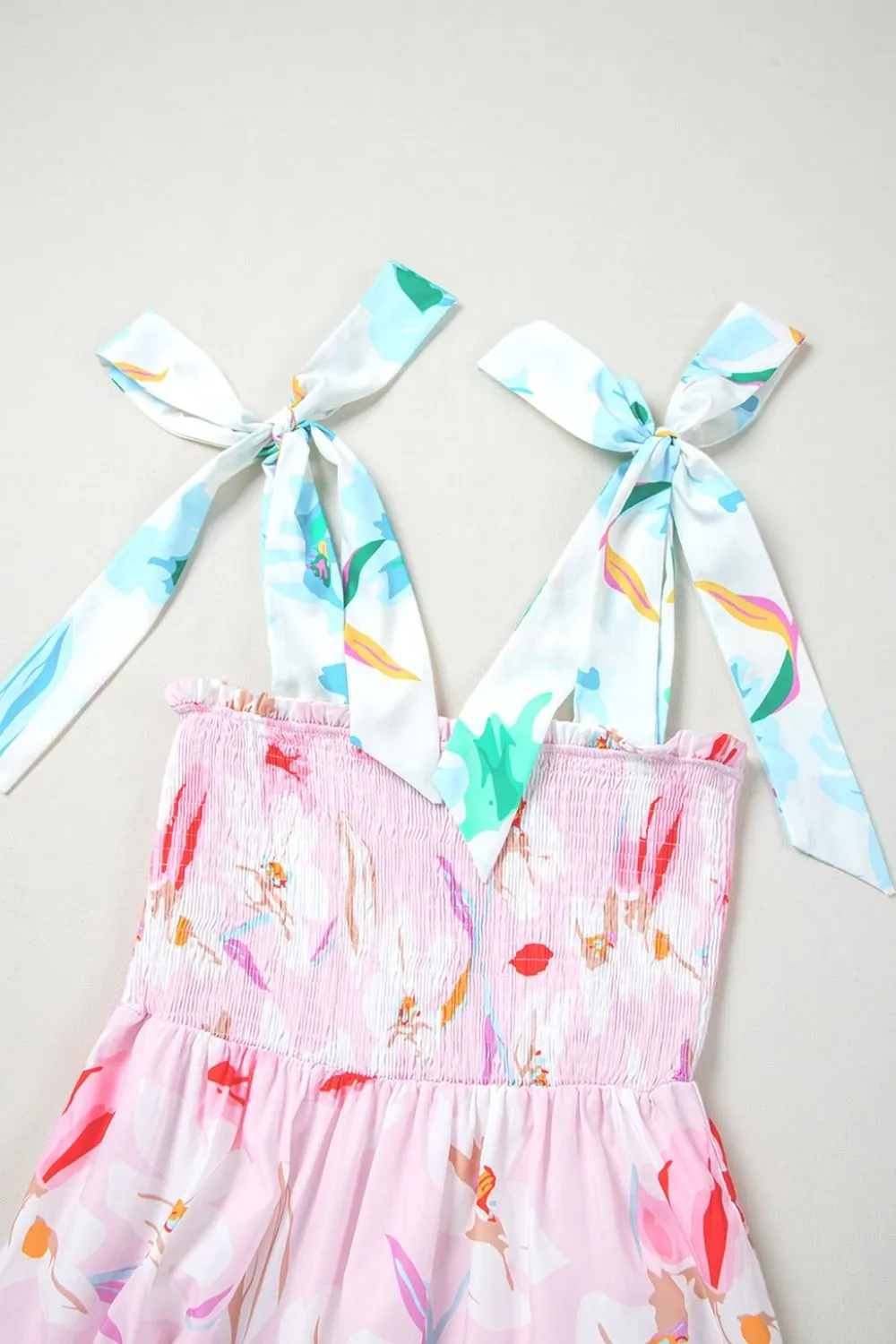 Floral Print Knotted Shoulder Smocked Maxi Dress