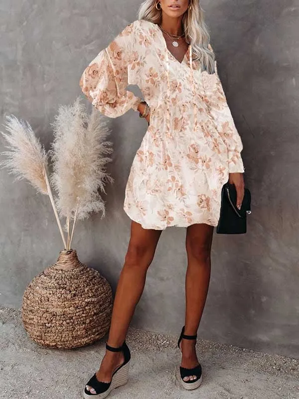Floral V Neck Long Sleeve Mini Flowy Dress