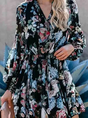 Floral V Neck Long Sleeve Mini Flowy Dress