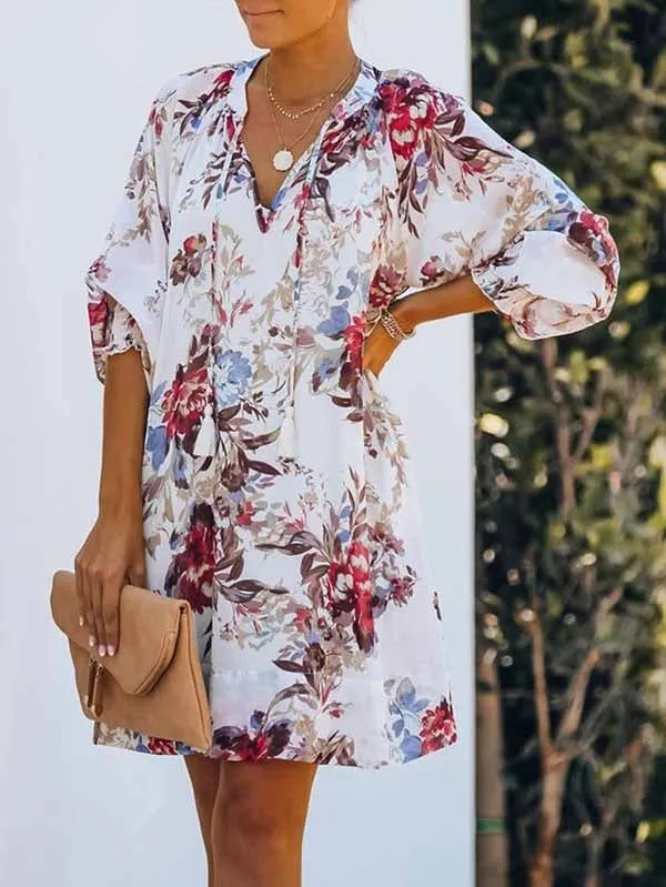 Floral V Neck Long Sleeve Mini Flowy Dress