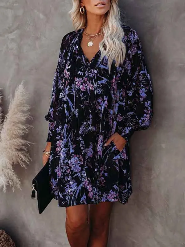 Floral V Neck Long Sleeve Mini Flowy Dress