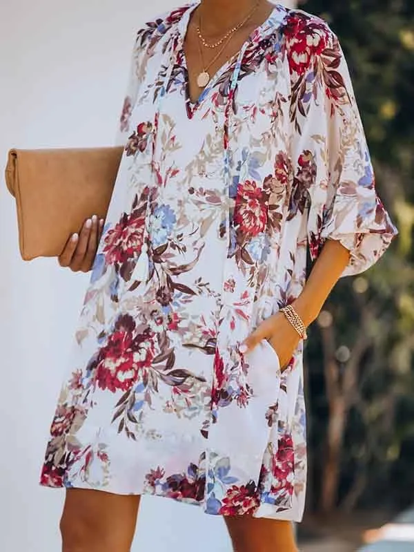 Floral V Neck Long Sleeve Mini Flowy Dress
