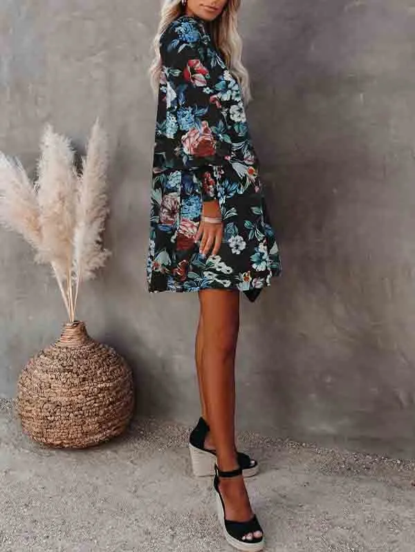 Floral V Neck Long Sleeve Mini Flowy Dress