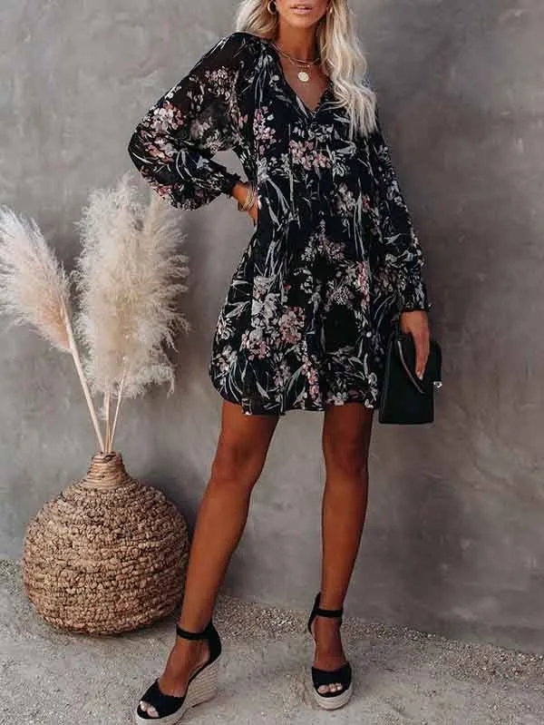 Floral V Neck Long Sleeve Mini Flowy Dress