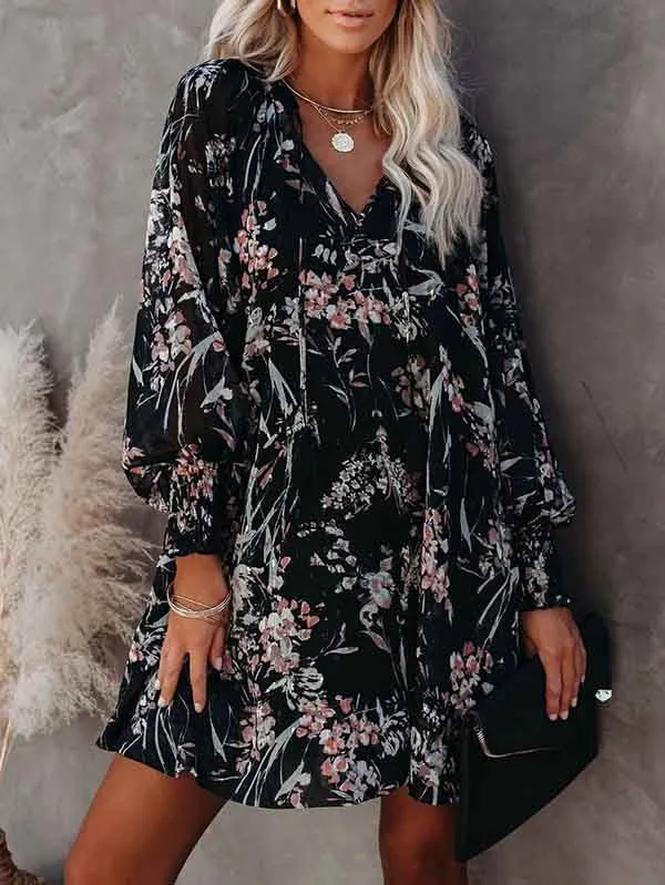 Floral V Neck Long Sleeve Mini Flowy Dress