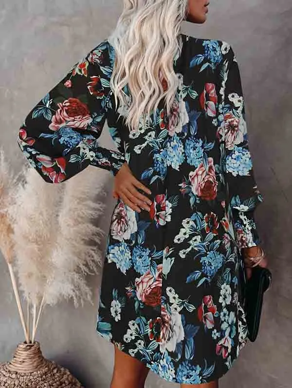 Floral V Neck Long Sleeve Mini Flowy Dress