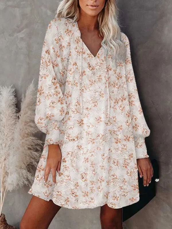 Floral V Neck Long Sleeve Mini Flowy Dress