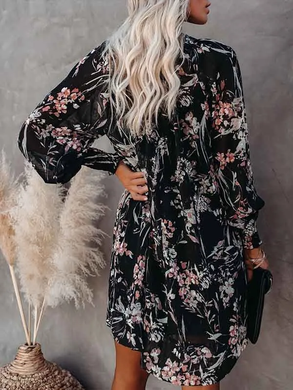 Floral V Neck Long Sleeve Mini Flowy Dress