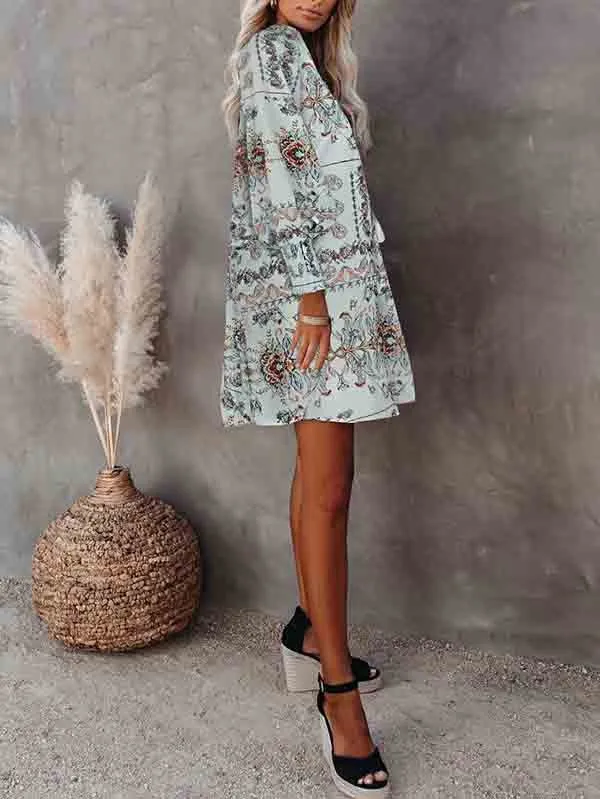 Floral V Neck Long Sleeve Mini Flowy Dress