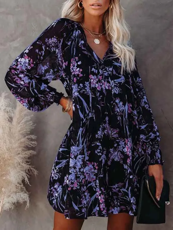 Floral V Neck Long Sleeve Mini Flowy Dress