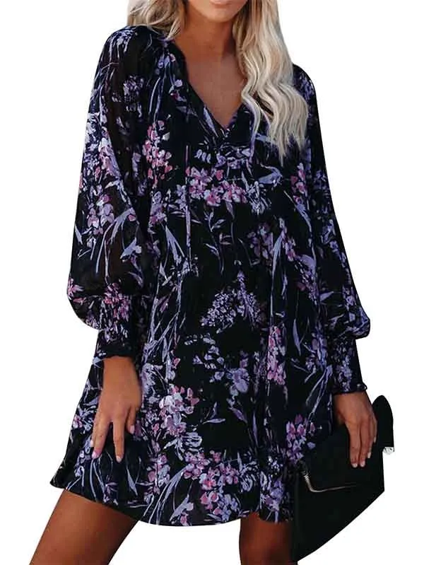 Floral V Neck Long Sleeve Mini Flowy Dress