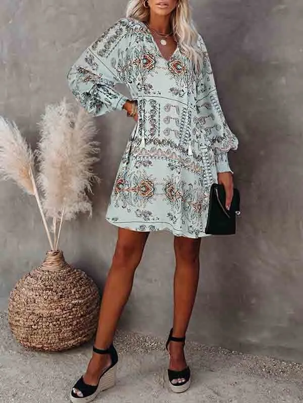 Floral V Neck Long Sleeve Mini Flowy Dress