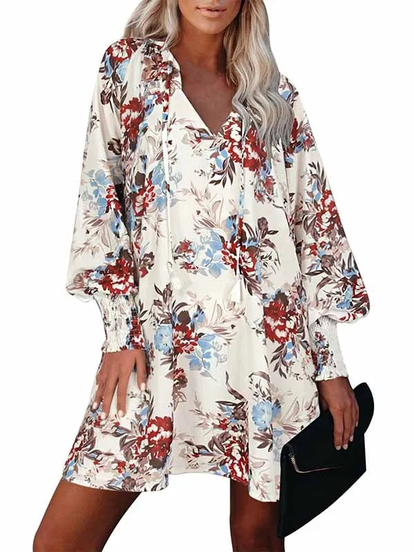 Floral V Neck Long Sleeve Mini Flowy Dress