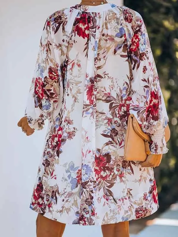 Floral V Neck Long Sleeve Mini Flowy Dress