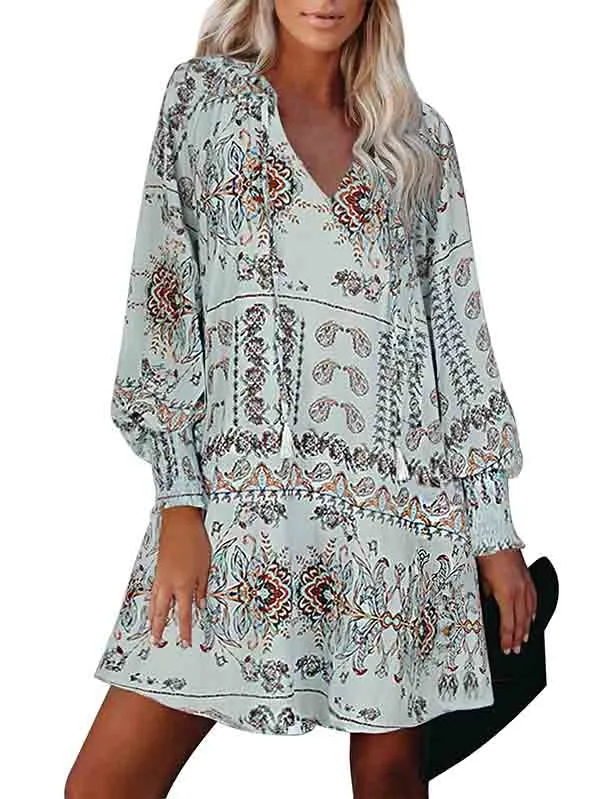 Floral V Neck Long Sleeve Mini Flowy Dress