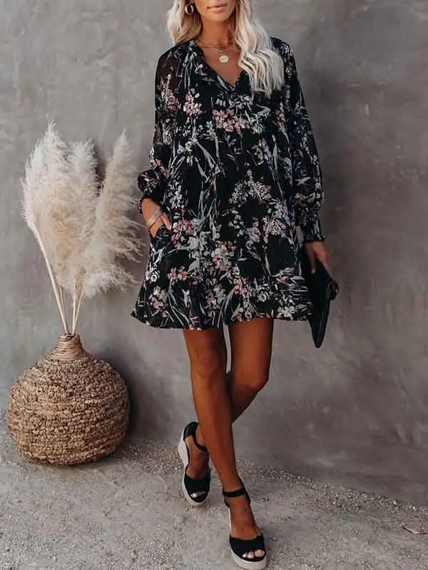 Floral V Neck Long Sleeve Mini Flowy Dress