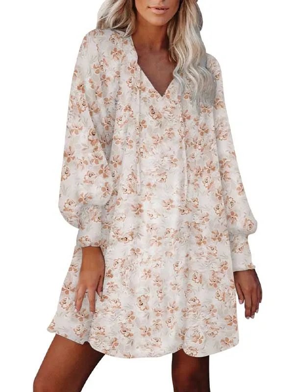 Floral V Neck Long Sleeve Mini Flowy Dress