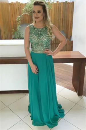 Flowy Long A-line Scoop Neckline Beading Chiffon Prom Dress