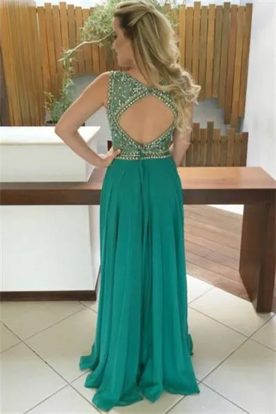 Flowy Long A-line Scoop Neckline Beading Chiffon Prom Dress