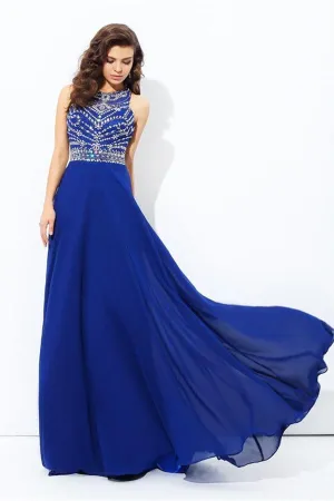 Flowy Long Royal Blue A-line Beaded Chiffon Prom Dress