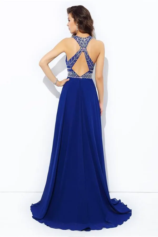 Flowy Long Royal Blue A-line Beaded Chiffon Prom Dress