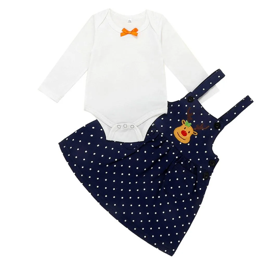 Girls Baby Elk Dot Strap Skirt Christmas Set Wholesale Baby Clothes