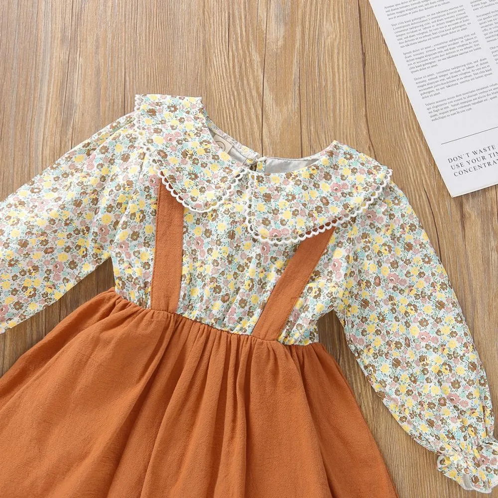 Girls Long Sleeve Dress Small Floral Fake Strap Princess Dress Wholesale Girls Clothes