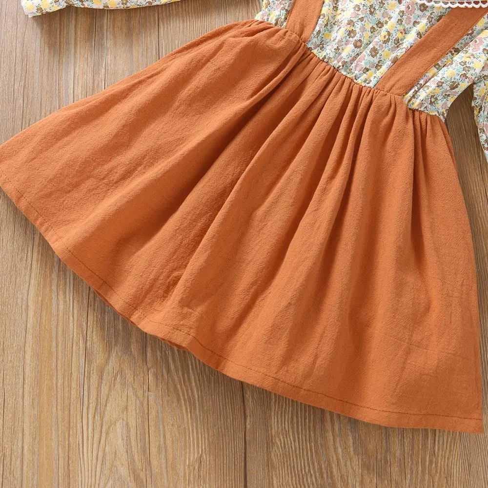 Girls Long Sleeve Dress Small Floral Fake Strap Princess Dress Wholesale Girls Clothes