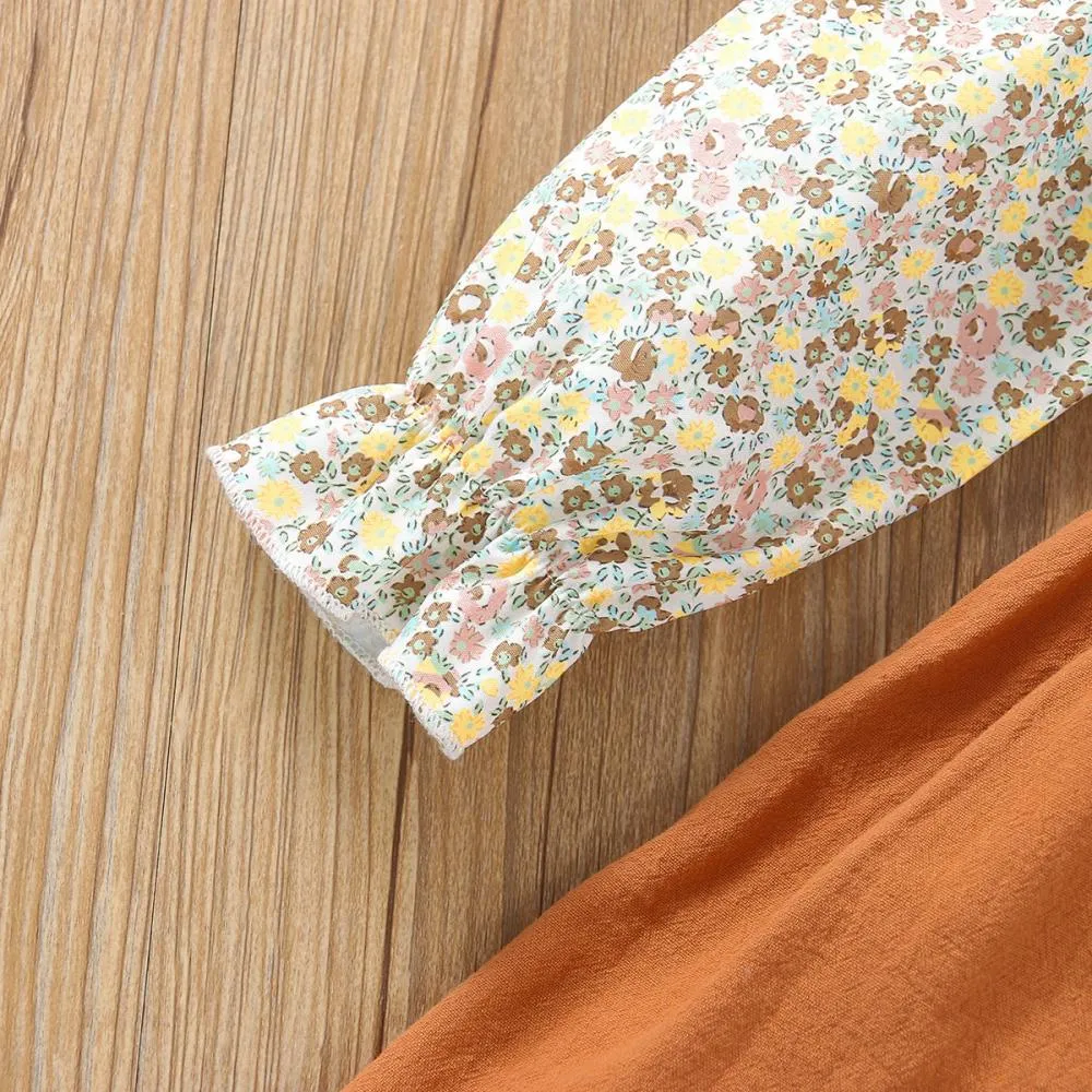 Girls Long Sleeve Dress Small Floral Fake Strap Princess Dress Wholesale Girls Clothes