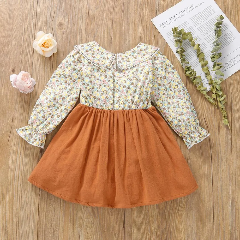 Girls Long Sleeve Dress Small Floral Fake Strap Princess Dress Wholesale Girls Clothes