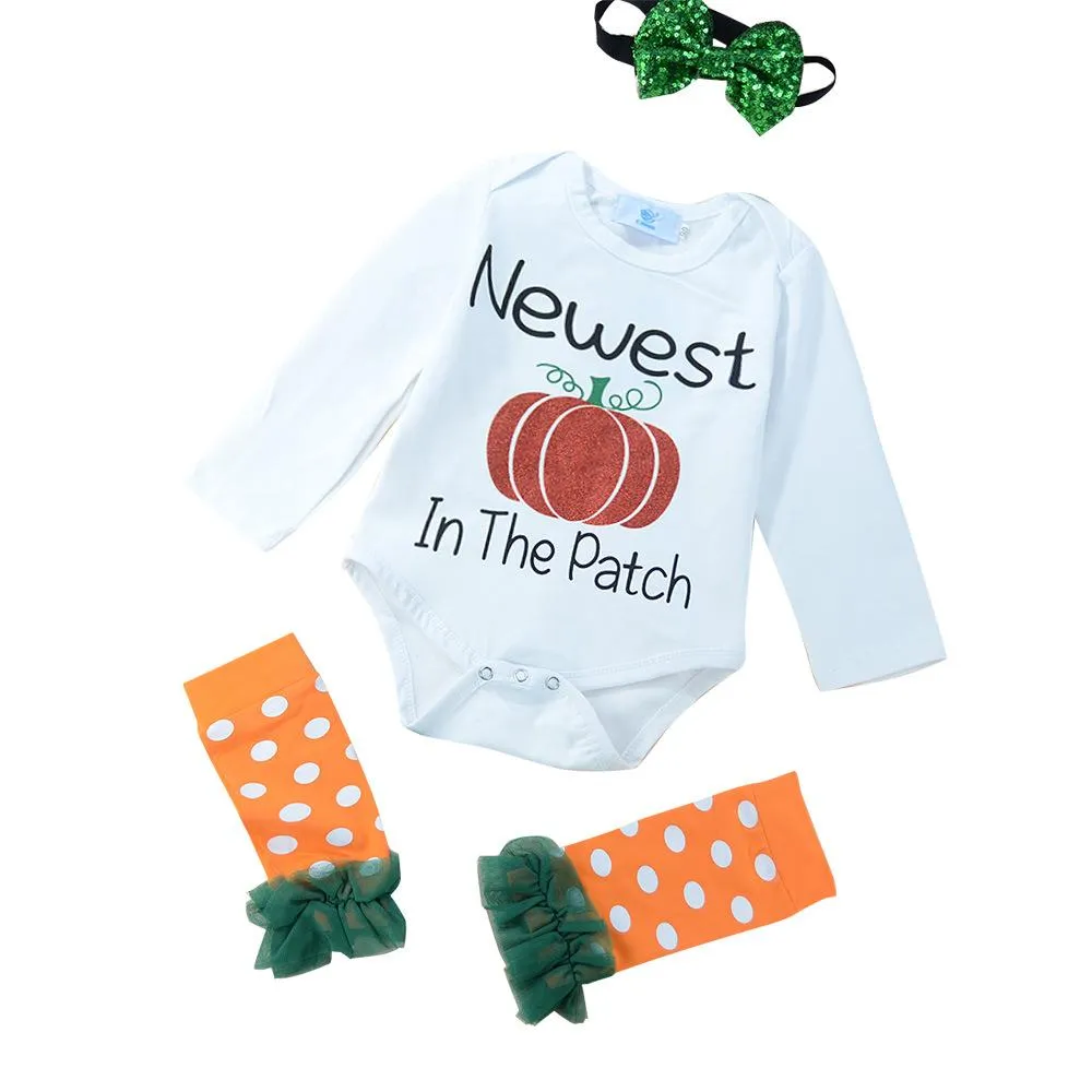 Halloween Baby Pumpkin Long Sleeve Romper   Lace Socks   Headband Baby Clothes In Bulk