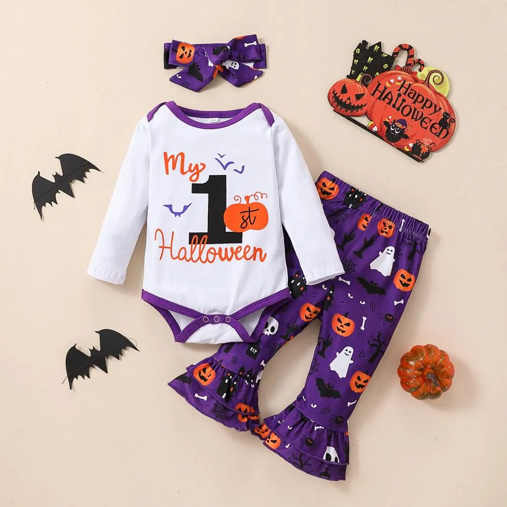 Halloween Pumpkin Print Flared Pants   Hairband Girls Three-piece Set Baby Wholesale Clothes
