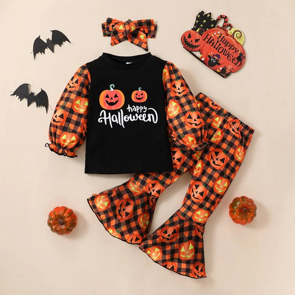 Halloween Pumpkin Print Flared Pants   Hairband Girls Three-piece Set Baby Wholesale Clothes
