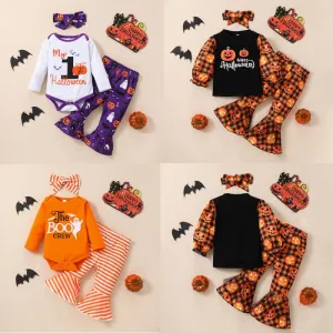 Halloween Pumpkin Print Flared Pants   Hairband Girls Three-piece Set Baby Wholesale Clothes