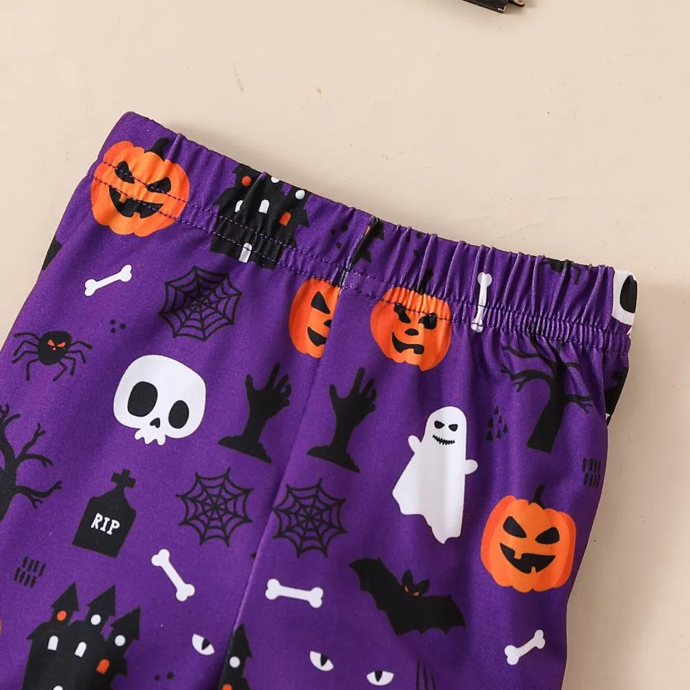 Halloween Pumpkin Print Flared Pants   Hairband Girls Three-piece Set Baby Wholesale Clothes