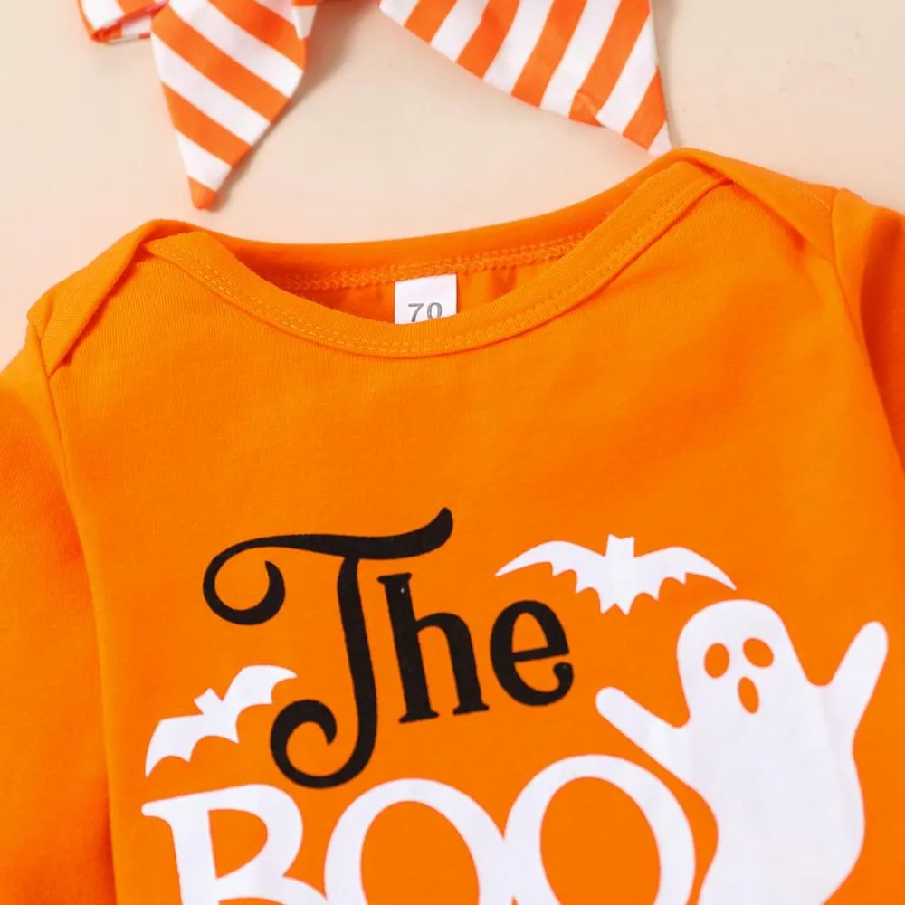 Halloween Pumpkin Print Flared Pants   Hairband Girls Three-piece Set Baby Wholesale Clothes