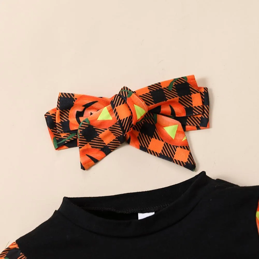 Halloween Pumpkin Print Flared Pants   Hairband Girls Three-piece Set Baby Wholesale Clothes
