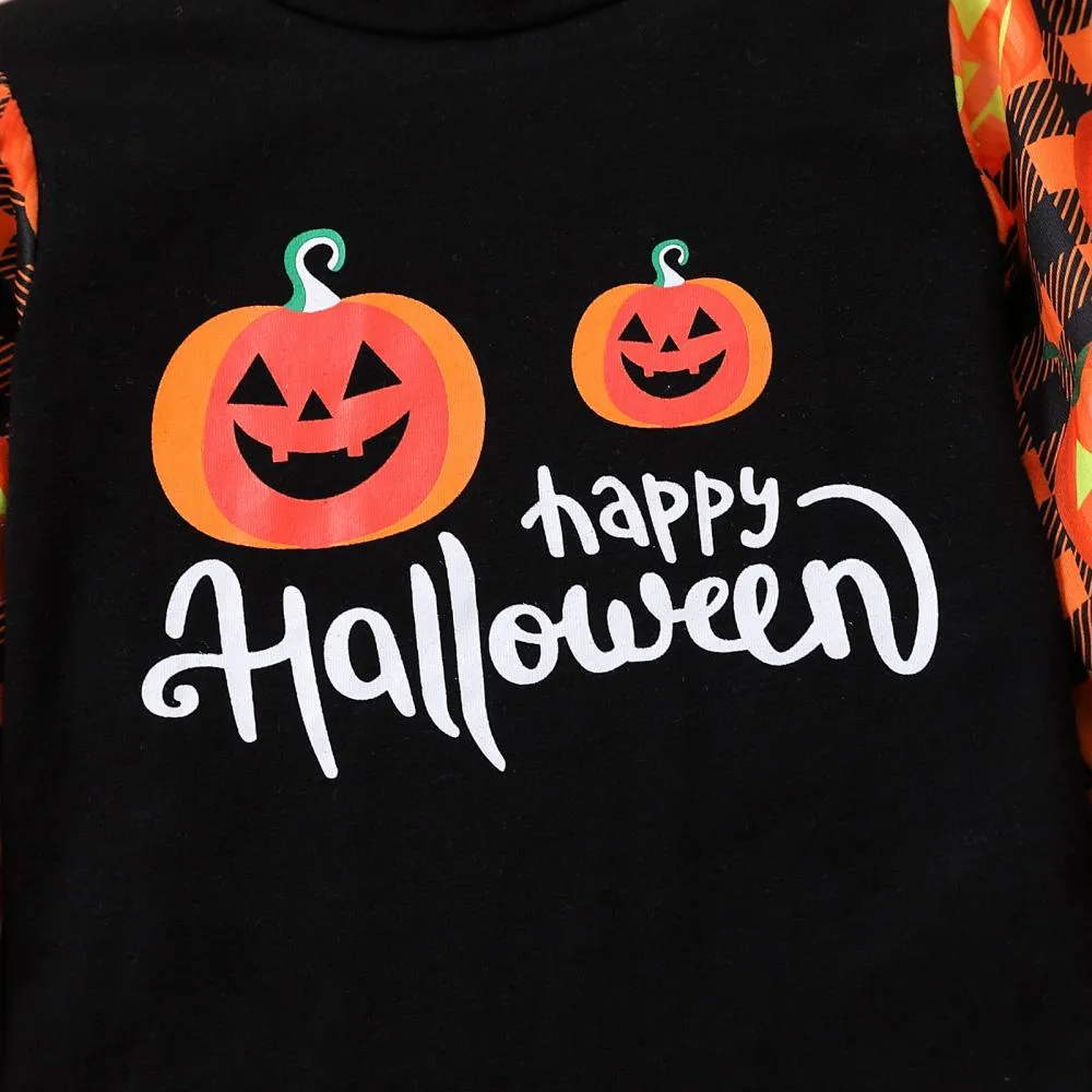 Halloween Pumpkin Print Flared Pants   Hairband Girls Three-piece Set Baby Wholesale Clothes