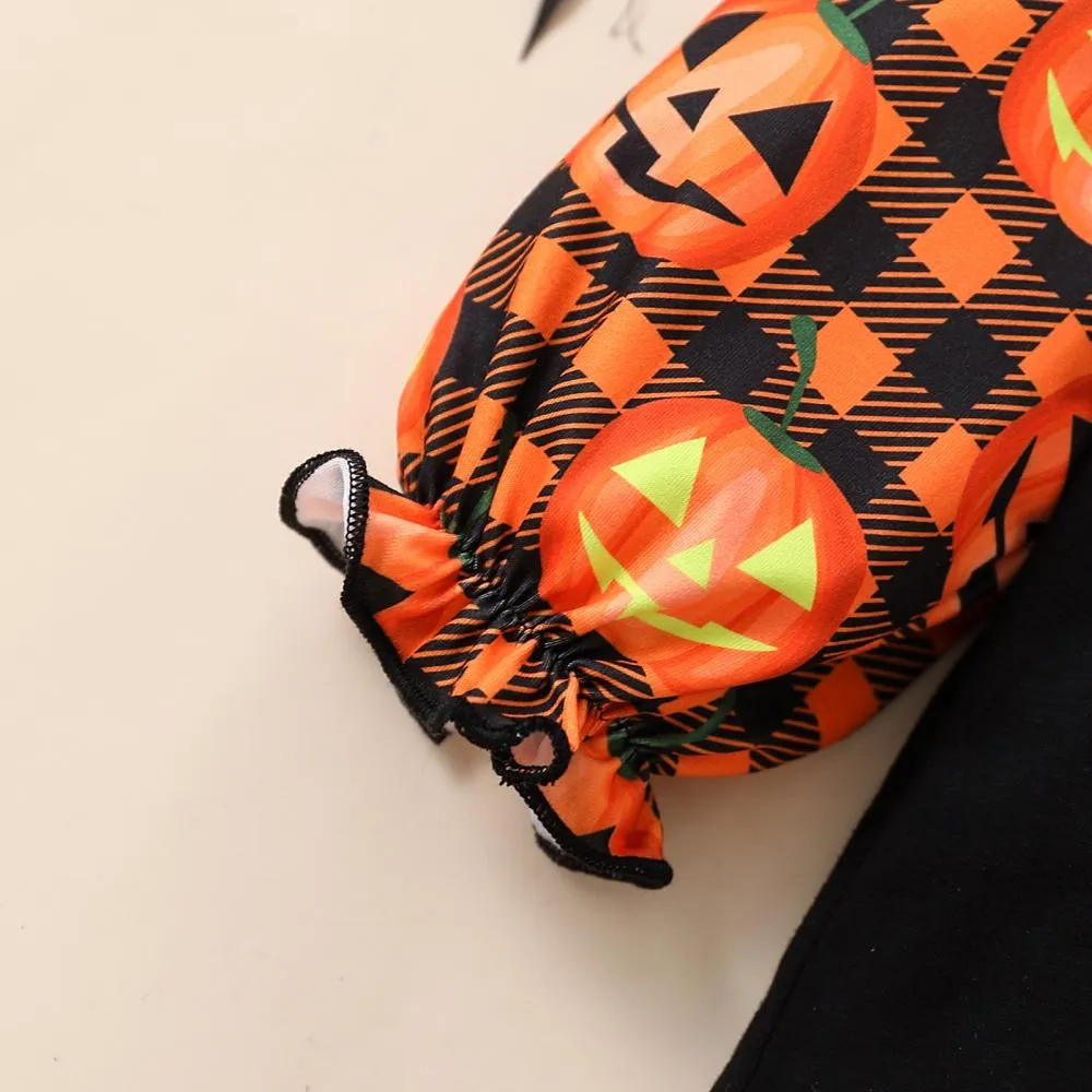 Halloween Pumpkin Print Flared Pants   Hairband Girls Three-piece Set Baby Wholesale Clothes