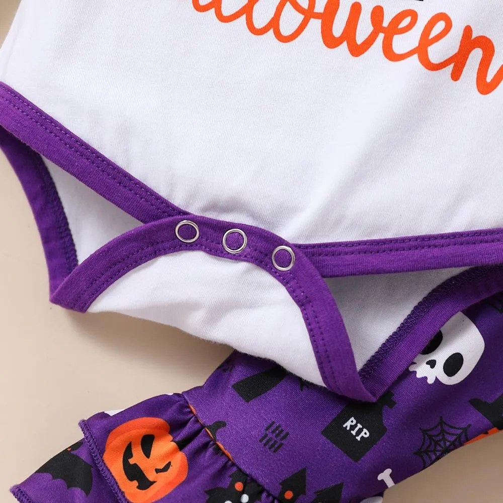 Halloween Pumpkin Print Flared Pants   Hairband Girls Three-piece Set Baby Wholesale Clothes