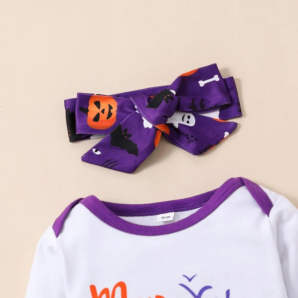 Halloween Pumpkin Print Flared Pants   Hairband Girls Three-piece Set Baby Wholesale Clothes