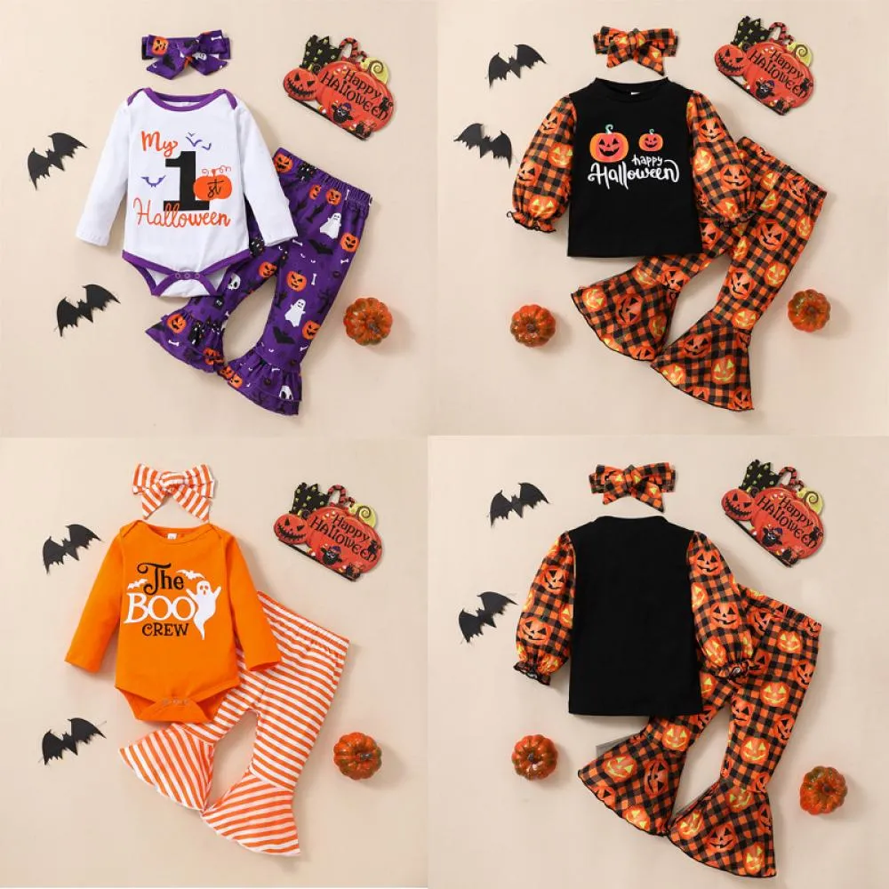 Halloween Pumpkin Print Flared Pants   Hairband Girls Three-piece Set Baby Wholesale Clothes