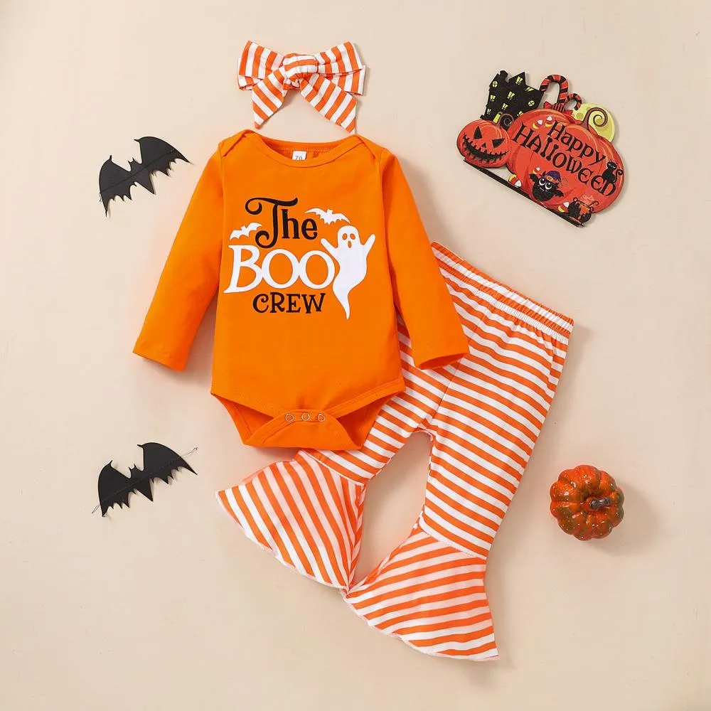 Halloween Pumpkin Print Flared Pants   Hairband Girls Three-piece Set Baby Wholesale Clothes