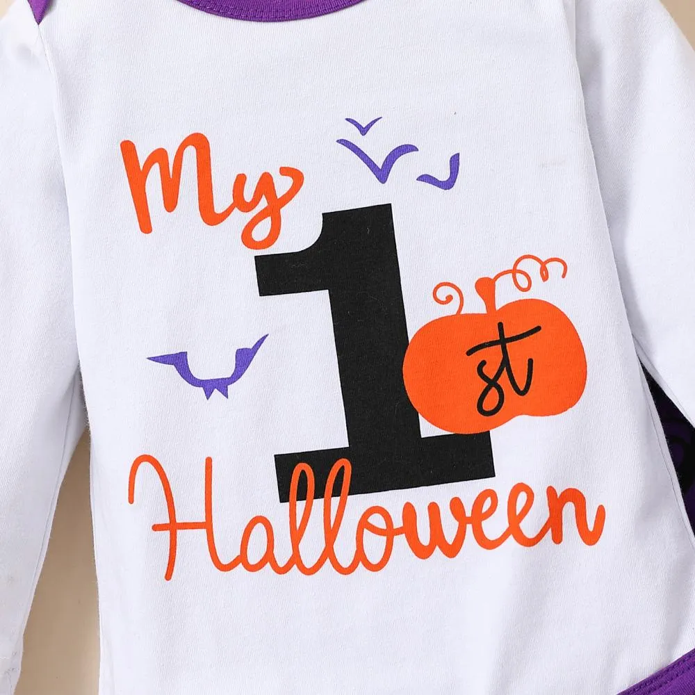 Halloween Pumpkin Print Flared Pants   Hairband Girls Three-piece Set Baby Wholesale Clothes