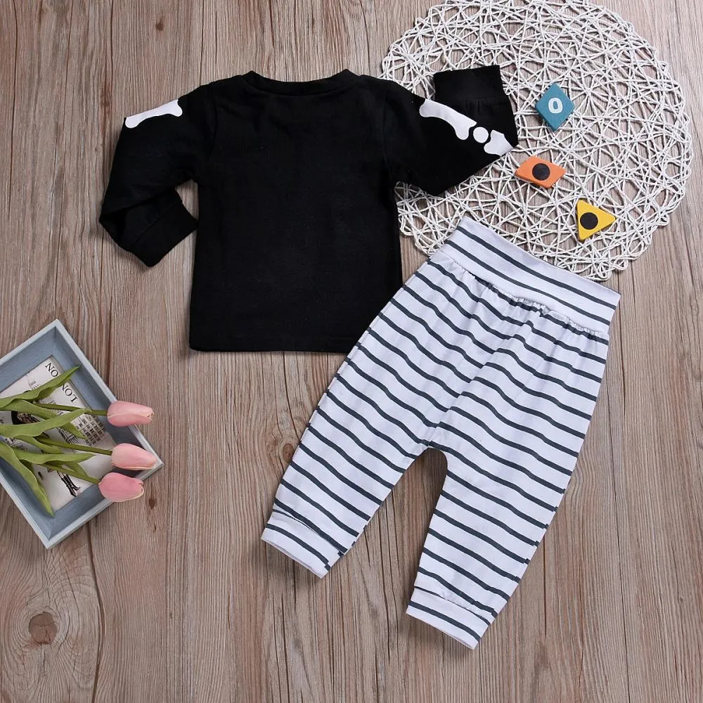 Halloween Skeleton Printed Long Sleeve   Black and White Striped Pants for Boys Wholesale