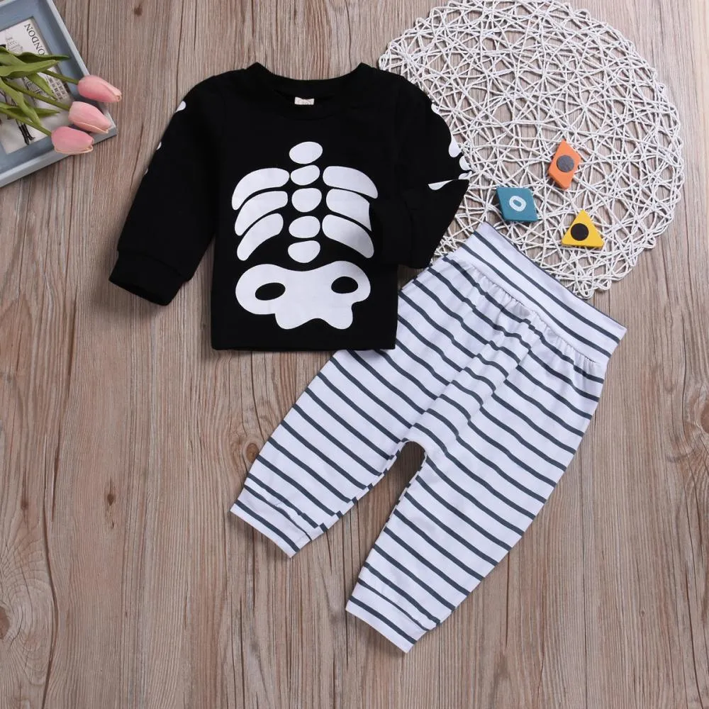 Halloween Skeleton Printed Long Sleeve   Black and White Striped Pants for Boys Wholesale