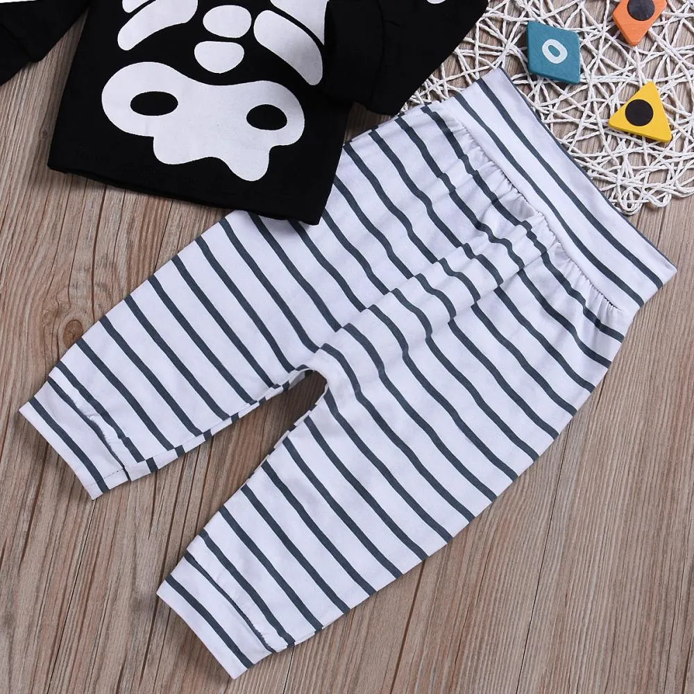 Halloween Skeleton Printed Long Sleeve   Black and White Striped Pants for Boys Wholesale