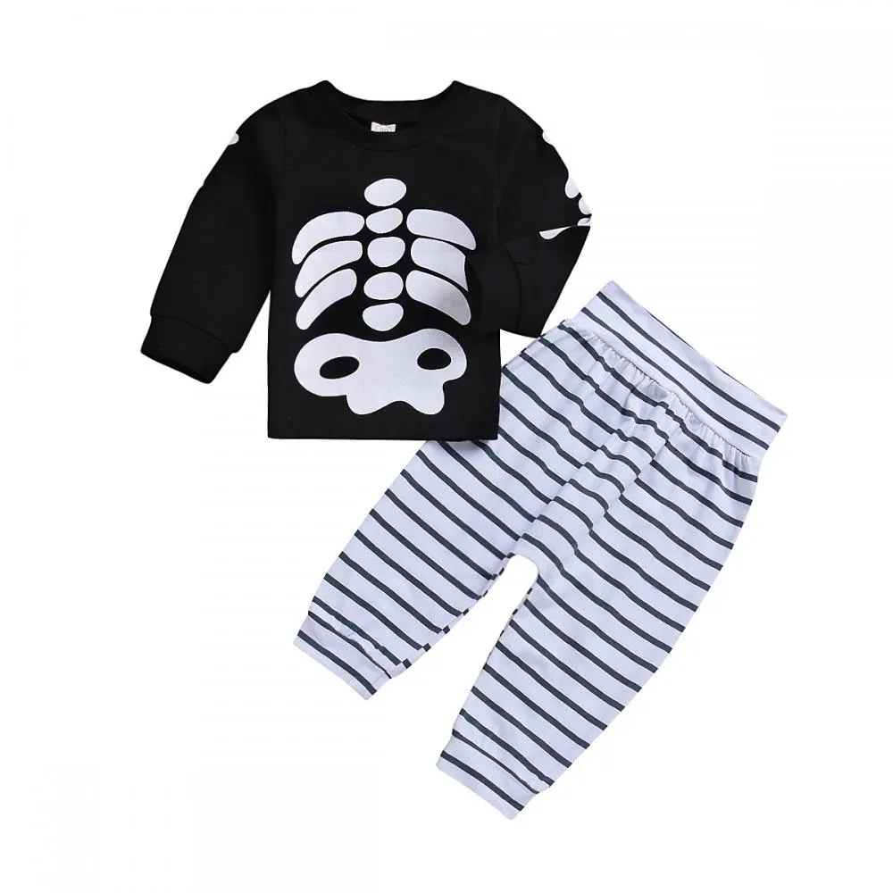 Halloween Skeleton Printed Long Sleeve   Black and White Striped Pants for Boys Wholesale
